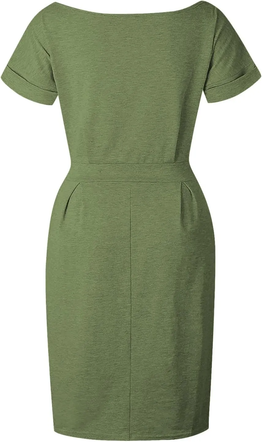 Womens Summer T Shirt Dress Casual Crew Neck Short Sleeve Tie Waist Midi Dresses Ruched Bodycon Beach Dress with Pockets