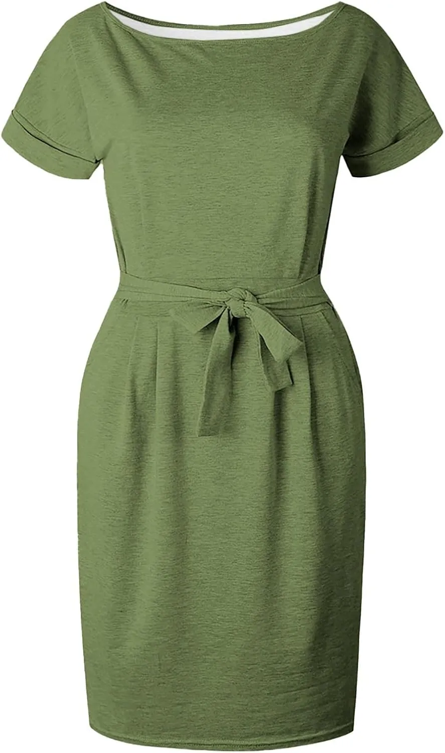 Womens Summer T Shirt Dress Casual Crew Neck Short Sleeve Tie Waist Midi Dresses Ruched Bodycon Beach Dress with Pockets