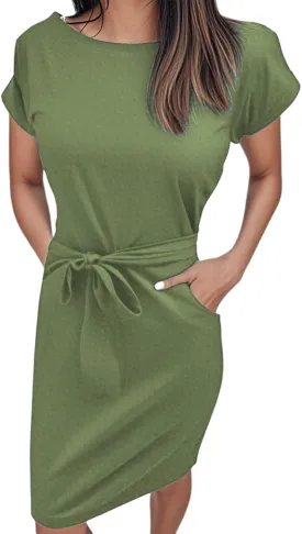 Womens Summer T Shirt Dress Casual Crew Neck Short Sleeve Tie Waist Midi Dresses Ruched Bodycon Beach Dress with Pockets