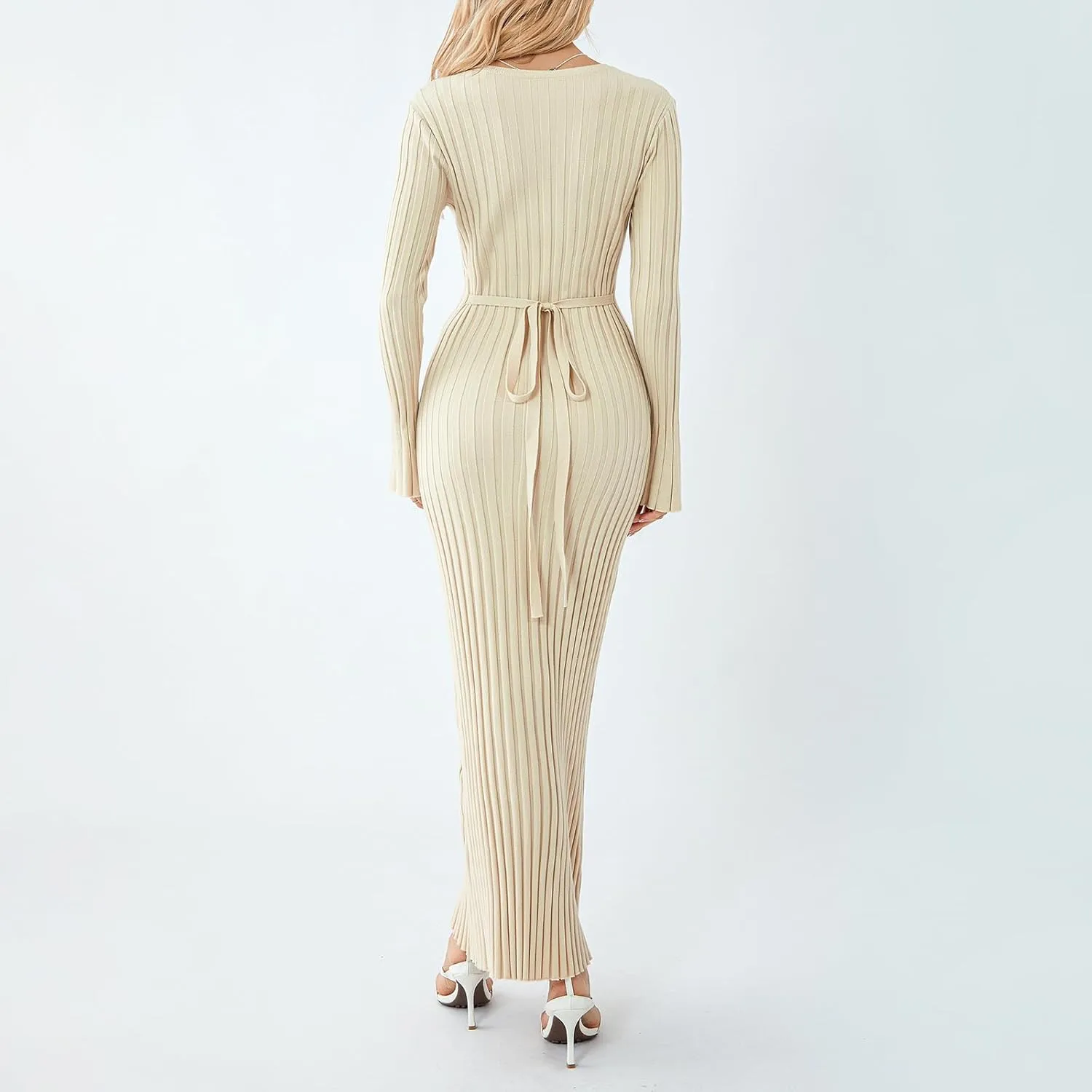 WZTYYDS Women Fall Long Sleeve Knit Dress Elegant Bodycon Dress Crew Neck Ribbed Solid Long Dress Streetwear