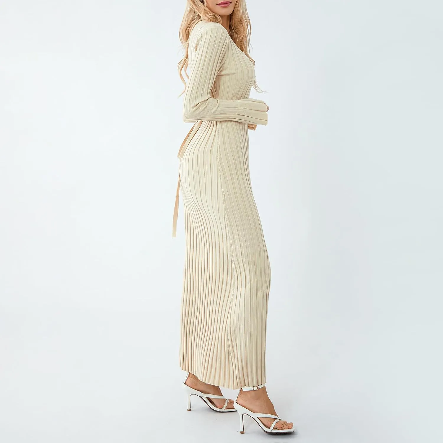 WZTYYDS Women Fall Long Sleeve Knit Dress Elegant Bodycon Dress Crew Neck Ribbed Solid Long Dress Streetwear
