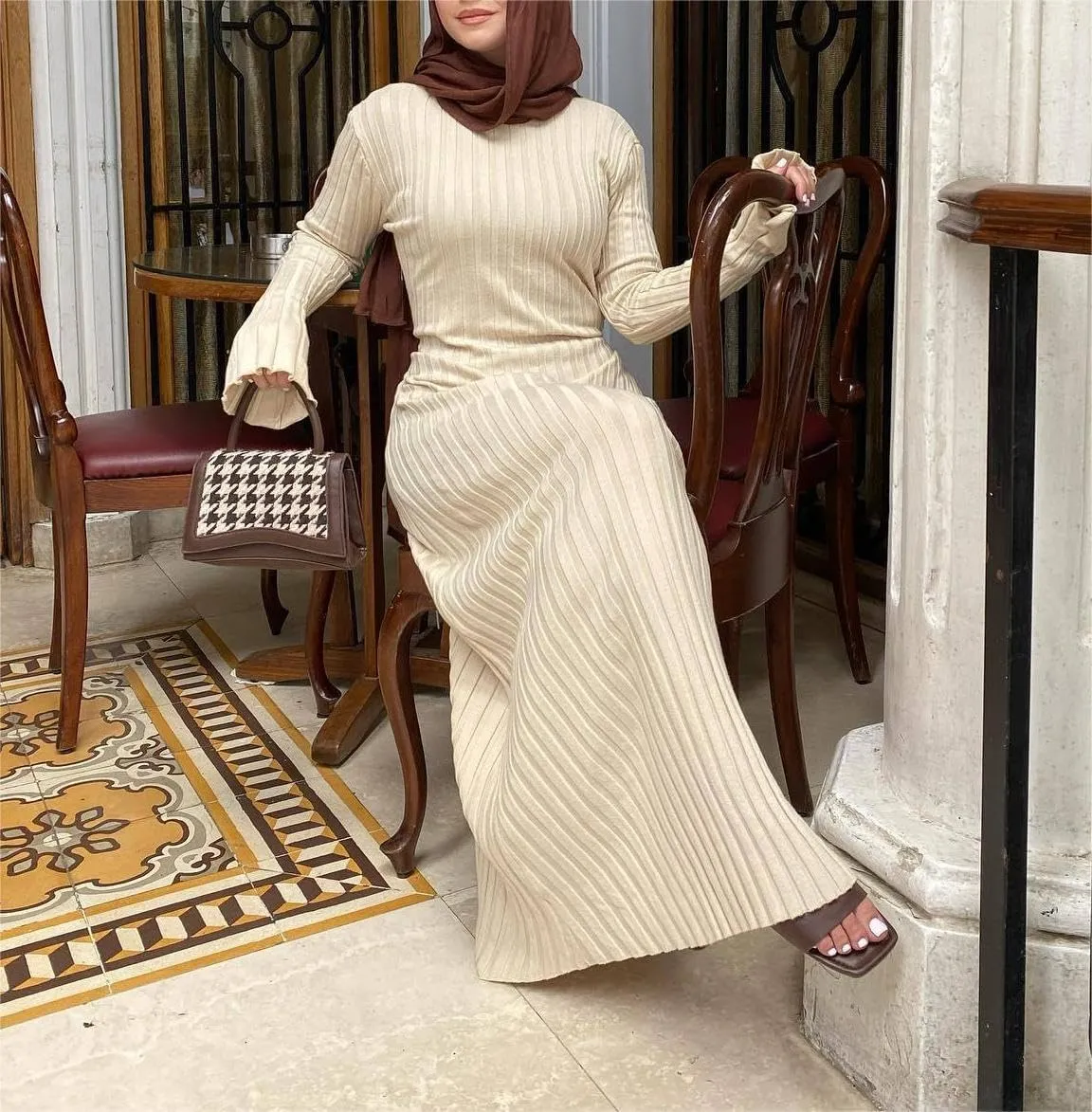 WZTYYDS Women Fall Long Sleeve Knit Dress Elegant Bodycon Dress Crew Neck Ribbed Solid Long Dress Streetwear