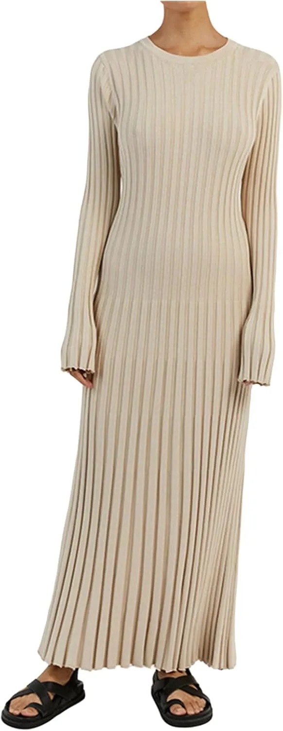 WZTYYDS Women Fall Long Sleeve Knit Dress Elegant Bodycon Dress Crew Neck Ribbed Solid Long Dress Streetwear