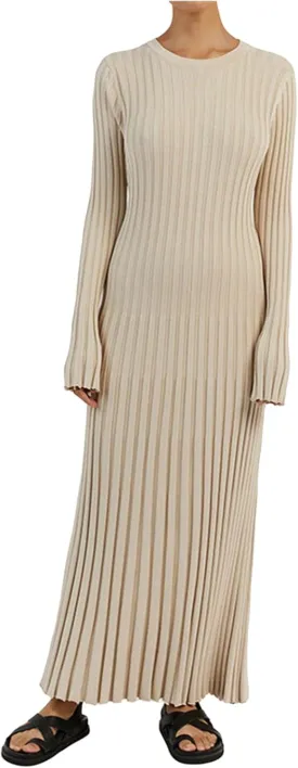 WZTYYDS Women Fall Long Sleeve Knit Dress Elegant Bodycon Dress Crew Neck Ribbed Solid Long Dress Streetwear