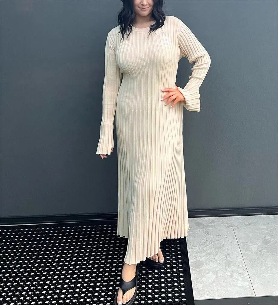 WZTYYDS Women Fall Long Sleeve Knit Dress Elegant Bodycon Dress Crew Neck Ribbed Solid Long Dress Streetwear